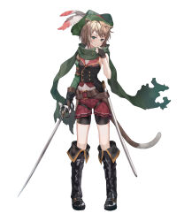 Rule 34 | 1girl, absurdres, animal ears, belt, boots, brown hair, cat ears, cat girl, cat tail, fingerless gloves, full body, gloves, green eyes, grimlight, hand up, hat feather, highres, holding, holding sword, holding weapon, huwari (dnwls3010), official art, pleated skirt, puss in boots (grimlight), scarf, sheath, short hair, shorts, shorts under skirt, single sleeve, skirt, smile, solo, sword, tail, torn clothes, torn scarf, weapon