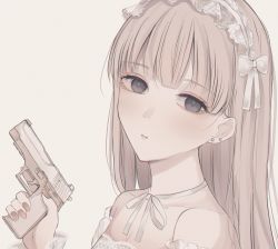 Rule 34 | 1girl, bare shoulders, black eyes, bow, brown background, brown hair, closed mouth, collarbone, detached sleeves, earrings, gun, hair bow, hairband, hand up, handgun, highres, holding, holding gun, holding weapon, jewelry, long hair, looking at viewer, nail polish, original, pistol, puffy sleeves, red nails, simple background, solo, stud earrings, tsuruse, upper body, weapon, white bow, white hairband, white sleeves