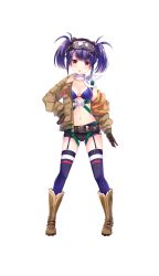 Rule 34 | 1girl, blue bra, blue hair, boots, bra, brown footwear, brown gloves, formation girls, full body, gloves, goggles, goggles on head, hand on own hip, highres, jacket, looking at viewer, midriff, navel, official art, open clothes, open jacket, open mouth, rapan rapan, red eyes, solo, tahara kanami, thighhighs, transparent background, two side up, underwear