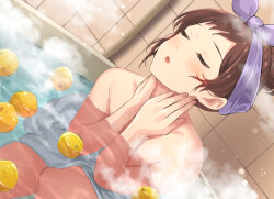 Rule 34 | 1girl, bathing, bathroom, bathtub, brown hair, closed eyes, commentary request, dutch angle, food, fruit, hanamasa ono, hands on own face, hands up, idolmaster, idolmaster million live!, idolmaster million live! theater days, indoors, kitazawa shiho, long hair, naked towel, open mouth, solo, steam, tile wall, tiles, towel, wet, yuzu (fruit), yuzu bath