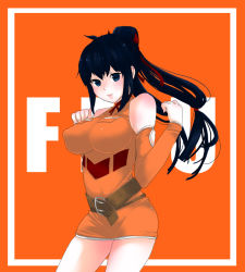 Rule 34 | 00s, 1girl, belt, breasts, buckle, contrapposto, copyright name, covered erect nipples, cowboy shot, detached sleeves, dixsept, final fantasy, final fantasy unlimited, large breasts, lisa pacifist, long hair, looking at viewer, orange background, ponytail, puffy nipples, simple background, smile, solo, standing