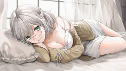 Rule 34 | 1girl, absurdres, bad id, bad twitter id, bare shoulders, bed, blush, braid, breasts, cardigan, cleavage, closed mouth, curtains, dress, frilled dress, frills, glasses, green eyes, grey hair, head on pillow, highres, korean commentary, large breasts, lillly, long sleeves, looking at viewer, lying, on bed, on side, open cardigan, open clothes, original, pillow, round eyewear, short hair, sidelocks, smile, solo, spaghetti strap, strap slip, thighs, white dress, window