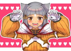 Rule 34 | 1girl, animal ears, arms up, blush, breasts, brown eyes, child, claw pose, commentary request, facial mark, fangs, gloves, grey hair, hair ribbon, heart, heart background, highres, jumpsuit, long sleeves, looking at viewer, nia (xenoblade), open mouth, outline, pink background, puffy long sleeves, puffy sleeves, r123, ribbon, short hair, sleeves past wrists, small breasts, solo, two-tone background, upper body, v-shaped eyebrows, white background, white gloves, white outline, xenoblade chronicles (series), xenoblade chronicles 2, yellow jumpsuit, yellow ribbon