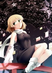 Rule 34 | 0-den, 1girl, absurdres, black dress, black footwear, blonde hair, breasts, building, closed mouth, commentary request, dress, feet out of frame, floral background, green eyes, highres, looking to the side, mary janes, medium breasts, mizuhashi parsee, pointy ears, railing, scarf, shoes, short hair, sitting, sleeveless, sleeveless dress, socks, solo, touhou, white scarf, white socks