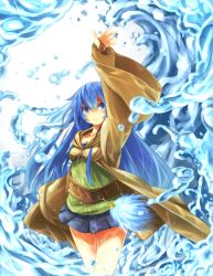 Rule 34 | 1girl, blue eyes, blue hair, breasts, duel monster, eria the water charmer, long hair, looking away, matching hair/eyes, miniskirt, skirt, small breasts, solo, suno-pi, water, yu-gi-oh!