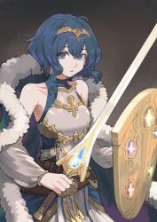 Rule 34 | 1girl, ahoge, armor, bare shoulders, breasts, cape, commentary, commission, detached sleeves, english commentary, falchion (fire emblem), fire emblem, fire emblem (object), fire emblem awakening, fur-trimmed cape, fur trim, highres, holding, holding shield, holding sword, holding weapon, jun (navigavi), looking at viewer, making-of available, morgan (female) (fire emblem), morgan (fire emblem), nintendo, purple eyes, purple hair, shield, short hair, simple background, skeb commission, solo, sword, weapon