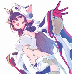 Rule 34 | 1girl, android, animal costume, animal ears, animal print, breasts, brown hair, catura (granblue fantasy), commentary request, cow costume, cow print, detached sleeves, highres, hololive, large breasts, long hair, mechanical arms, medium breasts, navel, nosir onadat, open mouth, roboco-san, shorts, simple background, smile, solo, thighhighs, virtual youtuber, yellow eyes