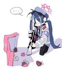 Rule 34 | ..., 1girl, :3, absurdres, antenna hair, armband, black pantyhose, blue archive, blue armband, blue hair, blue necktie, blue skirt, blue vest, bow, closed eyes, closed mouth, collared shirt, commentary request, doughnut, food, fubuki (blue archive), grey hair, gun, gun to head, hair between eyes, hair bow, hair ornament, halo, hat, heart, heart hair ornament, highres, holding, holding gun, holding weapon, jacket, kneeling, korean commentary, multicolored hair, multiple hair bows, nangnangnang, necktie, old-fashioned doughnut, open clothes, open jacket, pantyhose, pastry box, pencil skirt, police, police hat, police uniform, rifle, shirt, sidelocks, skirt, solo, spoken ellipsis, streaked hair, twintails, uniform, vest, walkie-talkie, weapon, white background, white bow, white jacket, white shirt