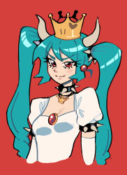 Rule 34 | 1girl, bowsette, bowsette (cosplay), cosplay, earrings, gem, hair between eyes, hatsune miku, heart, highres, horns, jewelry, kaatokun, long hair, looking at viewer, mario (series), necklace, nintendo, puffy short sleeves, puffy sleeves, red background, red eyes, short sleeves, simple background, smile, super crown, twintails, upper body, very long hair, vocaloid