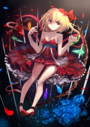 Rule 34 | 1girl, alternate costume, bad id, bad pixiv id, bare arms, bare shoulders, blonde hair, blue flower, blue rose, bow, collarbone, dress, flandre scarlet, flower, hair bow, high heels, highres, moruchi (rinaka moruchi), petals, red dress, red eyes, rose, side ponytail, smile, solo, strapless, strapless dress, touhou, wings