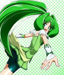 Rule 34 | 10s, 1girl, bad id, bad pixiv id, big hair, bike shorts, bike shorts under skirt, cure march, from behind, green eyes, green hair, green shorts, green skirt, green theme, long hair, looking back, matching hair/eyes, midorikawa nao, outstretched arms, ponytail, precure, shiden (sashimi no wife), shorts, shorts under skirt, skirt, smile precure!, solo, tiara