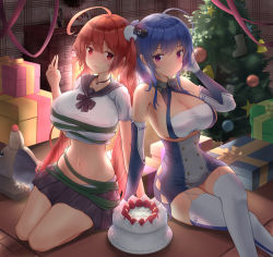 Rule 34 | 2girls, :d, absurdres, animal ears, antenna hair, ass, azur lane, bare legs, bare shoulders, barefoot, black hair, black sailor collar, black skirt, black thighhighs, blue hair, blush, braid, breast curtains, breasts, buttons, cake, china dress, chinese clothes, christmas tree, cleavage, cleavage cutout, clothing cutout, commentary, crop top, crossed legs, double-breasted, dress, elbow gloves, embarrassed, fang, fangs, feet, flower, food, from below, fruit, garter straps, gift, gloves, gradient hair, green ribbon, grey dress, hair flower, hair ornament, half gloves, hand in own hair, hand on own thigh, highres, honolulu (azur lane), honolulu (umbrella girl) (azur lane), horns, i-168 (azur lane), i-19 (azur lane), kurono suzuran, large breasts, long hair, looking at viewer, looking down, merry christmas, midriff, miniskirt, multicolored hair, multiple girls, navel, no shoes, official alternate costume, one-piece swimsuit, open mouth, pelvic curtain, photo (object), pleated skirt, purple eyes, red eyes, red hair, revealing clothes, ribbon, ribbon between breasts, sailor collar, school swimsuit, seiza, shirt, short sleeves, side braid, sideboob, simple background, sirius (azur lane), sirius (azure horizons) (azur lane), sitting, skirt, sleeveless, sleeveless dress, smile, st. louis (azur lane), strawberry, swimsuit, symbol-shaped pupils, tail, thighhighs, toes, very long hair, white background, white garter straps, white gloves, white hair, white one-piece swimsuit, white shirt, white thighhighs, x hair ornament