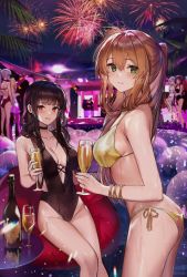 Rule 34 | 5girls, aerial fireworks, ak-12 (girls&#039; frontline), alternate costume, alternate hairstyle, ass, balloon, bangle, bare arms, bare shoulders, bikini, black choker, black hair, black one-piece swimsuit, bottle, bracelet, breasts, brown hair, butt crack, champagne bottle, champagne flute, choker, cleavage, covered navel, cup, drinking glass, dsr-50 (girls&#039; frontline), fireworks, girls&#039; frontline, gold bikini, green eyes, grin, halterneck, highleg, highleg swimsuit, highres, hk416 (girls&#039; frontline), jewelry, large breasts, looking at viewer, multiple girls, night, night sky, one-piece swimsuit, ouko, outdoors, palm tree, parted lips, party, ponytail, pool, red eyes, revision, side-tie bikini bottom, sitting, sky, smile, springfield (girls&#039; frontline), standing, string bikini, swimsuit, thighs, tree, wa2000 (girls&#039; frontline), wet, wine glass, yellow bikini