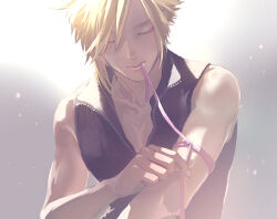 Rule 34 | 1boy, black shirt, blonde hair, closed eyes, closed mouth, cloud strife, colored eyelashes, commentary request, demi co, eyelashes, final fantasy, final fantasy vii, final fantasy vii advent children, highres, holding, male focus, ribbon, shirt, short hair, simple background, spiked hair, tying, upper body, zipper