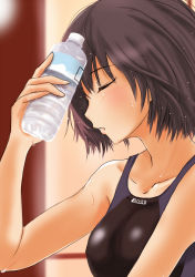 Rule 34 | 1girl, amagami, bare shoulders, black hair, blush, bob cut, bottle, competition swimsuit, drink, closed eyes, hand on own face, murasaki iro, nanasaki ai, one-piece swimsuit, short hair, solo, sweat, swimsuit, upper body, water