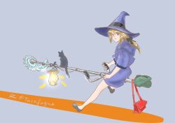Rule 34 | 1girl, bag, black bow, black cat, black footwear, blonde hair, bow, cat, dress, gradient background, grey background, hair bow, hat, highres, lamp, lawnmower, lipstick, loafers, long hair, looking at viewer, makeup, original, purple dress, purple hat, purple lips, red bag, shoes, shoulder bag, signature, tarafuque, witch, witch hat