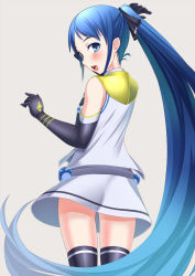 Rule 34 | 10s, 1girl, alternate hairstyle, arm up, black thighhighs, blue eyes, blue hair, blush, cowboy shot, elbow gloves, from behind, gloves, hair up, kantai collection, long hair, looking at viewer, looking back, matching hair/eyes, myouan, open mouth, ponytail, samidare (kancolle), school uniform, simple background, sleeveless, smile, solo, standing, thighhighs, very long hair