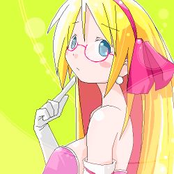 Rule 34 | 1girl, bare shoulders, blonde hair, blue eyes, blush stickers, bow, breasts, earrings, elbow gloves, expressionless, finger to mouth, glasses, gloves, hairband, jewelry, long hair, looking at viewer, lowres, oekaki, original, pink bow, shiba yuusuke, sideboob, solo, upper body, very long hair, white gloves