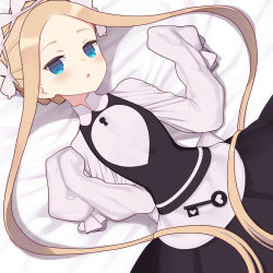 Rule 34 | 1girl, :o, abigail williams (fate), abigail williams (festival outfit) (fate), bad id, bad pixiv id, bed sheet, bell (oppore coppore), black dress, blonde hair, blue eyes, blush, butterfly hair ornament, commentary request, dress, dutch angle, fate/grand order, fate (series), forehead, hair ornament, hands up, heart, heroic spirit chaldea park outfit, key, long hair, long sleeves, lying, official alternate costume, on back, parted bangs, parted lips, shirt, sidelocks, sleeveless, sleeveless dress, sleeves past fingers, sleeves past wrists, solo, very long hair, white shirt