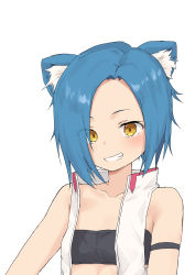 Rule 34 | 1girl, absurdres, animal ear fluff, animal ears, bandeau, bare shoulders, black bandeau, blue hair, breasts, brown eyes, collarbone, dog ears, eyes visible through hair, female focus, grin, hair over one eye, highres, hinata channel, inugami kokage, jacket, looking at viewer, open clothes, open jacket, short hair, simple background, skindentation, sleeveless, sleeveless jacket, small breasts, smile, solo, upper body, virtual youtuber, white background, white jacket, yakihebi