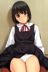 Rule 34 | 1girl, black dress, black hair, blush, brown eyes, closed mouth, clothes lift, collared shirt, commentary request, dress, dress lift, hair between eyes, head tilt, highres, looking at viewer, matsunaga kouyou, neck ribbon, nose blush, on floor, original, panties, pinafore dress, red ribbon, ribbon, shirt, sitting, sleeveless, sleeveless dress, smile, solo, striped clothes, striped panties, underwear, white shirt