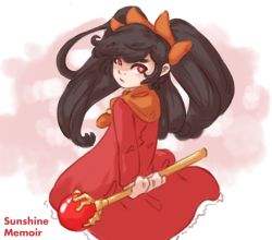 Rule 34 | 1girl, arms behind back, ashley (warioware), black hair, bow, dress, frills, khiuly, long hair, looking back, nintendo, orange bow, red dress, red eyes, twintails, wand, warioware