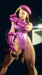 Rule 34 | 1girl, 3d, alternate color, antenna hair, bare shoulders, blonde hair, blue eyes, braid, breasts, cammy white, clenched hand, covered navel, curvy, gloves, groin, hat, highleg, highleg leotard, highres, large breasts, leotard, lips, long hair, pink gloves, pink hat, pink leotard, ryona, screencap, shiny clothes, solo, street fighter, street fighter v, thighs, third-party edit, thong leotard, twin braids, very long hair, wide hips