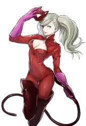 Rule 34 | 1girl, blue eyes, bodysuit, boots, breasts, brown footwear, cleavage, cleavage cutout, clothing cutout, collarbone, elbow gloves, floating hair, gloves, grin, hair ornament, hairclip, highres, holding, holding mask, holding whip, igusaharu, long hair, mask, medium breasts, persona, persona 5, pink gloves, red bodysuit, silver hair, simple background, smile, solo, swept bangs, takamaki anne, thigh boots, thigh gap, thighhighs, twintails, white background
