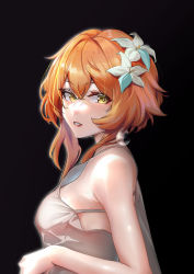 Rule 34 | 1girl, absurdres, black background, blush, breasts, dress, dynamotor, flower, genshin impact, hair flower, hair ornament, highres, looking at viewer, looking to the side, lumine (genshin impact), medium hair, open mouth, orange hair, parted lips, solo, teeth, upper body, white dress, yellow eyes