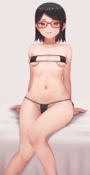 Rule 34 | 1girl, absurdres, alternate costume, arm support, arms behind back, bad id, bad pixiv id, bare arms, bare legs, bare shoulders, bikini, black bikini, black hair, blush, boruto: naruto next generations, breasts, breasts apart, collarbone, commentary request, eyepatch bikini, feet out of frame, glasses, highres, leaning back, looking at viewer, lowleg, lowleg bikini, mil k vanilla, naruto (series), navel, parted lips, pointy ears, red-framed eyewear, red eyes, sharingan, short hair, side-tie bikini bottom, sitting, skindentation, small breasts, smile, solo, stomach, strapless, strapless bikini, swimsuit, teeth, uchiha sarada