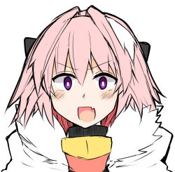 Rule 34 | 1boy, armor, astolfo (fate), black bow, black ribbon, blush, bow, cape, commentary request, fang, fate/apocrypha, fate (series), fur trim, hair intakes, hair ribbon, highres, male focus, multicolored hair, open mouth, pink hair, purple eyes, ribbon, simple background, sketch, smile, solo, streaked hair, takasaki aneki, trap, white background, white hair