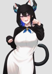 Rule 34 | 1girl, animal costume, animal ears, asymmetrical horns, black hair, blue hair, breasts, cat costume, cat ears, cat girl, cat tail, cipher4109, colored inner hair, demon girl, demon horns, hair ornament, highres, hololive, hololive english, horns, kemonomimi mode, large breasts, long hair, looking at viewer, mole, mole under eye, multicolored hair, nerissa ravencroft, paw pose, smile, solo, tail, two-tone hair, uneven horns, virtual youtuber