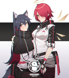 Rule 34 | 2girls, animal ear fluff, animal ears, arknights, belt, black belt, black capelet, black hair, black legwear, breasts, capelet, chromatic aberration, commentary, exusiai (arknights), food, food in mouth, hair over one eye, halo, hanenosaki, high collar, highres, jacket, long hair, long sleeves, looking at viewer, mouth hold, multiple girls, pantyhose, penguin logistics logo, pocky, raglan sleeves, red hair, short hair, short sleeves, small breasts, smile, symbol-only commentary, texas (arknights), very long hair, white jacket, wolf ears, yellow eyes