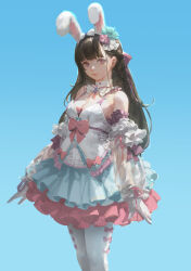 Rule 34 | 1girl, animal ears, black hair, blue background, blue dress, bow, bowtie, breasts, cleavage, closed mouth, collar, cowboy shot, detached sleeves, dress, dress bow, frilled dress, frills, gloves, hair ornament, highres, long hair, looking at viewer, original, pink bow, pink dress, pink eyes, rabbit ears, see-through, see-through sleeves, small breasts, solo, standing, thighhighs, two-tone dress, white gloves, white sleeves, white thighhighs, youshun (naturaljuice)