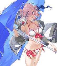 Rule 34 | 1girl, ;d, bare shoulders, beach umbrella, bikini, blue umbrella, blush, breasts, cleavage, commentary request, cowboy shot, creature, creature on shoulder, eyes visible through hair, fate/grand order, fate (series), floating hair, fou (fate), front-tie bikini top, front-tie top, grey jacket, groin, hair over one eye, hayashi kewi, holding, holding umbrella, hood, hood down, hooded jacket, jacket, large breasts, light purple hair, long sleeves, looking at viewer, mash kyrielight, mash kyrielight (swimsuit of perpetual summer), medium breasts, navel, off shoulder, official alternate costume, on shoulder, one eye closed, open clothes, open jacket, open mouth, pink hair, purple eyes, short hair, side-tie bikini bottom, simple background, smile, standing, stomach, swimsuit, thighs, umbrella, white background, white bikini, white jacket