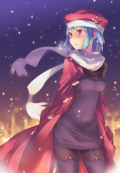 Rule 34 | 1girl, blue hair, christmas, coat, dress, garter straps, hat, nanakusa, original, pantyhose, red eyes, santa costume, scarf, short hair, snow, snowing, solo, thighhighs, thighhighs over pantyhose, white scarf