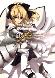 Rule 34 | 1girl, armor, armored dress, artoria pendragon (fate), bad id, bad pixiv id, blonde hair, bow, capcom, dress, fate/stay night, fate/unlimited codes, fate (series), gauntlets, green eyes, hair bow, metal gloves, ponytail, saber (fate), saber lily, smile, solo, sword, takemori shintarou, weapon, white dress
