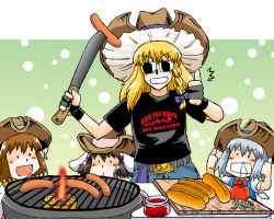 Rule 34 | 4girls, animal ears, azuki osamitsu, bbq, bbq pit boys, black hair, blonde hair, blush, bread, brown hair, rabbit ears, casual, cat ears, cat girl, chen, child, cirno, clothes writing, cooking, cowboy hat, double thumbs up, earrings, female focus, food, grill, grilling, hat, hot dog, ice, ice wings, inaba tewi, jewelry, kirisame marisa, long hair, machete, mini-hakkero, multiple girls, sausage, shirt, short hair, snot, sunglasses, t-shirt, thumbs up, touhou, wings