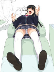 Rule 34 | 1girl, a1 (initial-g), anthrax (band), black footwear, black hair, blazer, dental chair, dentist, drill, gloves, grimace, hair ornament, jacket, loafers, long hair, lying, mask, mouth mask, neck ribbon, nijisanji, on back, open mouth, panties, pantyshot, pink ribbon, plaid, plaid skirt, power drill, power tool, ribbon, school uniform, shoes, skirt, surgical mask, teeth, thighhighs, tsukino mito, tsukino mito (1st costume), underwear, virtual youtuber, white panties, white thighhighs, x hair ornament