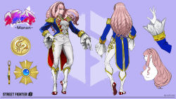 Rule 34 | 1girl, ascot, boots, braid, capcom, character name, character sheet, crown braid, drill hair, epaulettes, formal, frilled sleeves, frills, gloves, manon legrand, official alternate costume, official alternate hairstyle, official art, street fighter, street fighter 6, white gloves