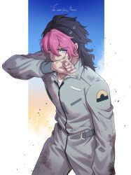 Rule 34 | 1boy, black hair, blue eyes, copyright name, dirty, dirty clothes, dirty face, forked eyebrows, guel jeturk, gundam, gundam suisei no majo, highres, jumpsuit, long hair, looking at viewer, male focus, multicolored hair, pink hair, shirt, simple background, solo, white background, white shirt, wiping face, yoshinowataru