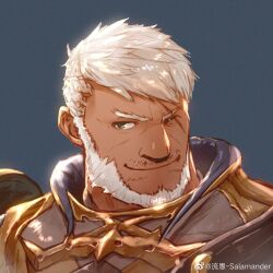 Rule 34 | 1boy, armor, artist request, bara, commission, facial hair, final fantasy, final fantasy xiv, green eyes, grey armor, highres, male focus, mature male, mustache stubble, one eye closed, portrait, roegadyn, scar, scar across eye, second-party source, short hair, solo, stubble, v-shaped eyebrows, warrior of light (ff14), white hair, wrinkled skin