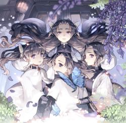 Rule 34 | 4girls, black hair, blue butterfly, blue eyes, bug, butterfly, butterfly hair ornament, cape, closed mouth, commentary request, demon slayer uniform, female focus, flower, hair ornament, haori, insect, japanese clothes, kanzaki aoi (kimetsu no yaiba), kimetsu no yaiba, kochou kanae, kochou shinobu, lips, long hair, long sleeves, looking at viewer, looking back, multiple girls, one side up, parted bangs, purple eyes, purple hair, siblings, sidelocks, sisters, smile, tsuyuri kanao, user evfk3274, very long hair, white cape, wide sleeves, wisteria