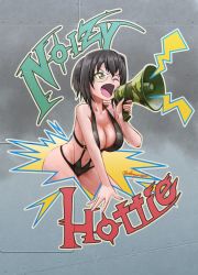 Rule 34 | 10s, 1girl, abazu-red, black hair, breasts, brown eyes, camouflage, cleavage, english text, fang, girls und panzer, highres, kawashima momo, megaphone, monocle, nose art, short hair, solo, swimsuit, twitter username