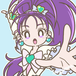 Rule 34 | 1girl, blush, bow, brooch, cure egret, earrings, futari wa precure splash star, hair ornament, heart, heart brooch, heart earrings, high ponytail, highres, jewelry, long hair, long sleeves, magical girl, mayena, mishou mai, open mouth, outstretched arm, ponytail, precure, purple eyes, purple hair, ribbon, signature, simple background, solo, upper body