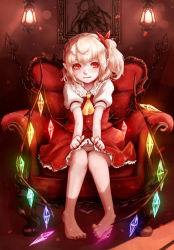 Rule 34 | 1girl, :|, armchair, ascot, barefoot, blonde hair, blurry, blush, bokeh, chair, closed mouth, depth of field, flandre scarlet, framed, highres, hoshibuchi, indoors, lace, lace-trimmed skirt, lace trim, laevatein, lamp, looking to the side, panties, pantyshot, photo (object), picture frame, pointy ears, red eyes, red skirt, red vest, shade, shirt, short sleeves, side ponytail, sitting, skirt, skirt set, solo, touhou, underwear, vest, white hair, white panties, white shirt, wings