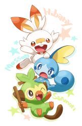 Rule 34 | blue eyes, commentary, creatures (company), fang, game freak, gen 8 pokemon, grey eyes, grookey, hand on another&#039;s head, hand up, highres, holding, holding stick, nintendo, nono (norabi), one eye closed, open mouth, orange eyes, pokemon, pokemon (creature), scorbunny, smile, sobble, starter pokemon trio, stick
