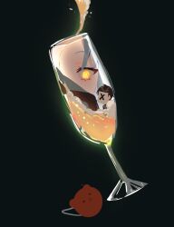 Rule 34 | 1boy, 1girl, abstract, absurdres, alcohol, angela (project moon), bear hair ornament, black background, black hair, black pants, blue hair, champagne, champagne flute, cup, drinking glass, hair ornament, highres, in container, in cup, lobotomy corporation, long hair, msx (mis4xi), pants, paper on head, project moon, simple background, unworn hair ornament, very long hair, x (project moon), yellow eyes