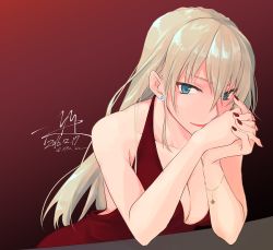 Rule 34 | 1girl, 2016, bad id, bad pixiv id, bare shoulders, bismarck (kancolle), blonde hair, breasts, cleavage, earrings, hair between eyes, jewelry, kantai collection, long hair, looking at viewer, medium breasts, nail polish, nmz (namazu), red background, red nails, side slit, smile, solo, twitter username