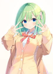 Rule 34 | 1girl, :o, blue eyes, blush, bow, bowtie, brown coat, buttons, cardigan, coat, collared shirt, double w, dress shirt, gradient background, green hair, hair between eyes, hair ornament, hair ribbon, hairclip, hands up, highres, long sleeves, looking at viewer, loose bowtie, medium hair, off shoulder, one side up, original, pink ribbon, red bow, red bowtie, ribbon, school uniform, shirai tanuki, shirt, simple background, solo, striped bow, striped bowtie, striped clothes, takeda emi, twitter username, upper body, w, white shirt, wing collar, yellow cardigan